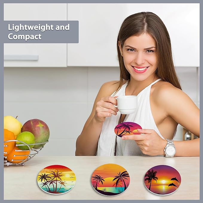 Drink Coasters Set of 6 with Holder,Beach Palm Trees Sunset Landscape Absorbent Ceramic Coasters with Cork Base,Fit All Cups,Tabletop Protection Mat for Mugs and Cups,Office,Kitchen