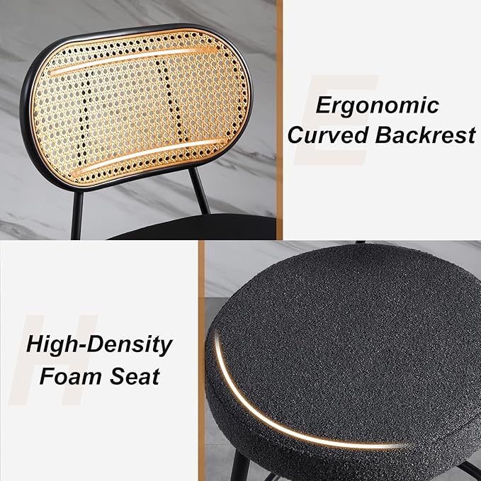 26" Rattan Barstools Set of 2, Counter Height Bar Chair with Black Metal Legs, Modern Armless Sherpa Pub Chair, Adjustable Feetpads Stools for Home Counter, Kitchen Dining Island, Cafe(Black)