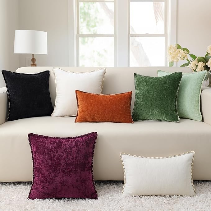 decorUhome Chenille Soft Throw Pillow Covers 26x26 Set of 2, Farmhouse Velvet Neutral Decorative Euro Pillow Covers with Stitched Edge for Couch Sofa Bed Home Decor, Black