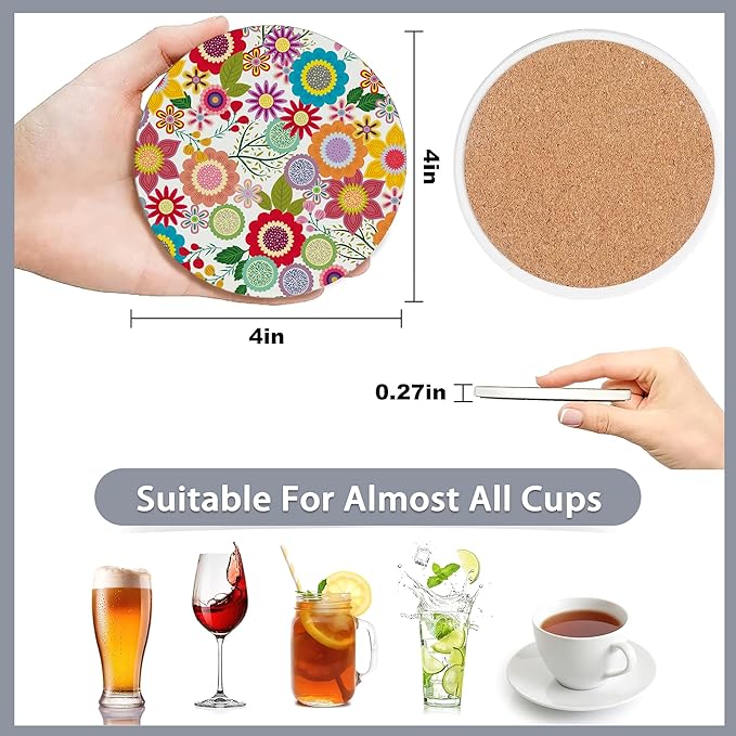 6 Pcs Coasters for Drinks with Holder,Retro Colorful Daisy Flowers 70s Hippie Floral Absorbent Coaster with Cork Backing,Great Gift for Housewarming,Room Decor,Bar,Holiday Party