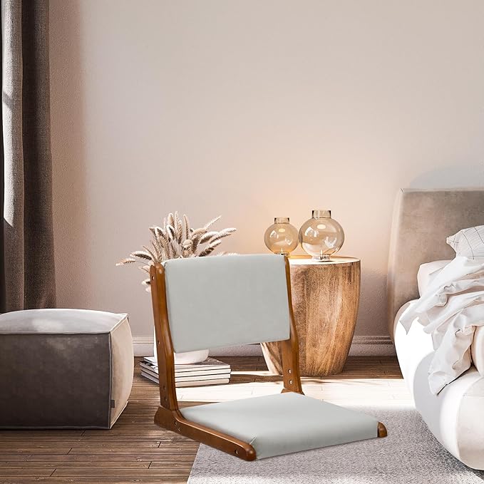HollyHOME Floor Chair with Back Support, Foldable Japanese Style Floor Chair, Wood Legless Tatami Chair with Cushion, Accent Meditation Floor Seat for Bay Window, Living Room, Bedroom, Beige