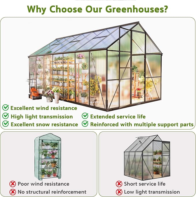 Wanan 8x14FT Greenhouses for Outdoors, Quick Assembly Polycarbonate Green House with UV Protection, Heavy Duty Windproof Aluminum Frame, Adjustable Roof Vent for Backyard or Outdoor Garden Use