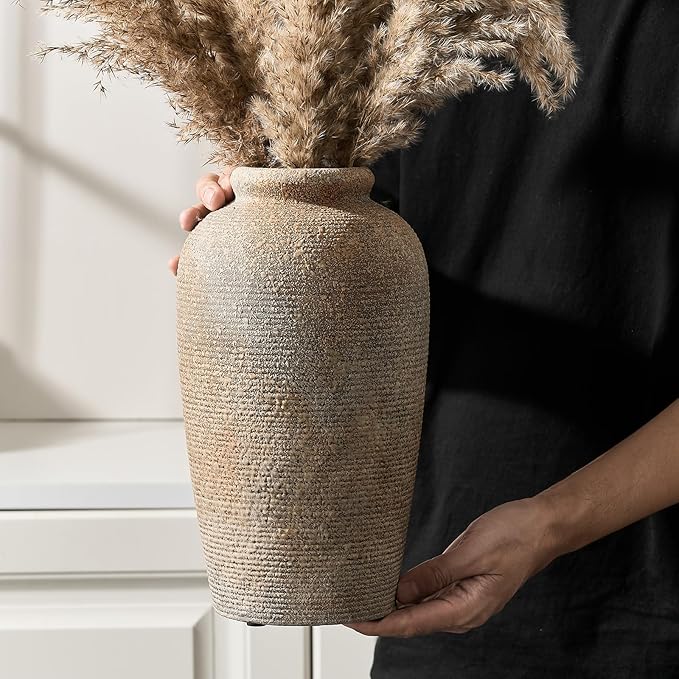 Large Ceramic Rustic Vase, 11 inch Minimalist Decorative Vase, Farmhouse Tall Wood Colored for Home Decor, Living Room, Shelf Decor, Enterway, Table Decoration, Brown
