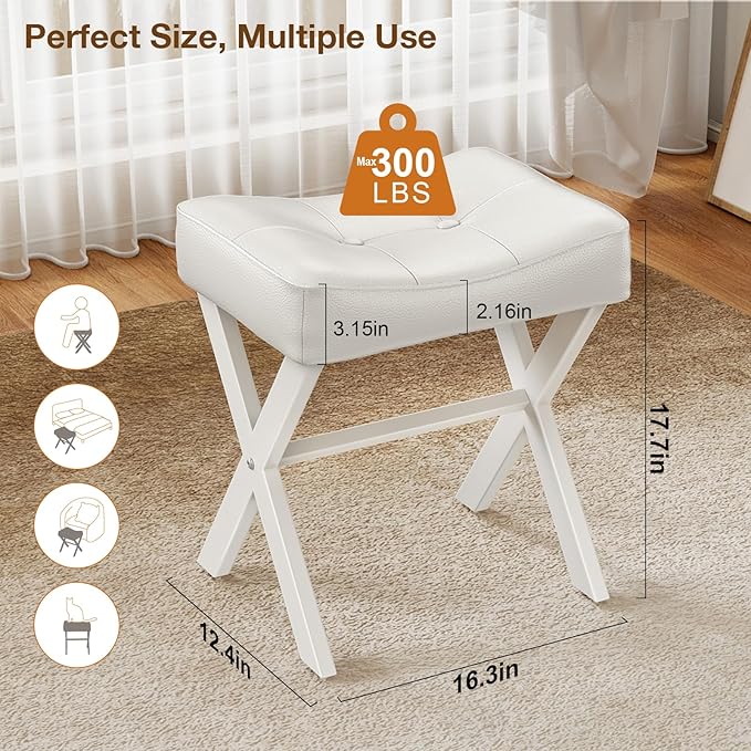 18-Inch Leather Vanity Stool Chair, Vanity Bench with Metal X-Leg, Ottoman Accent Stool with Thick Padded Saddle Seat, White