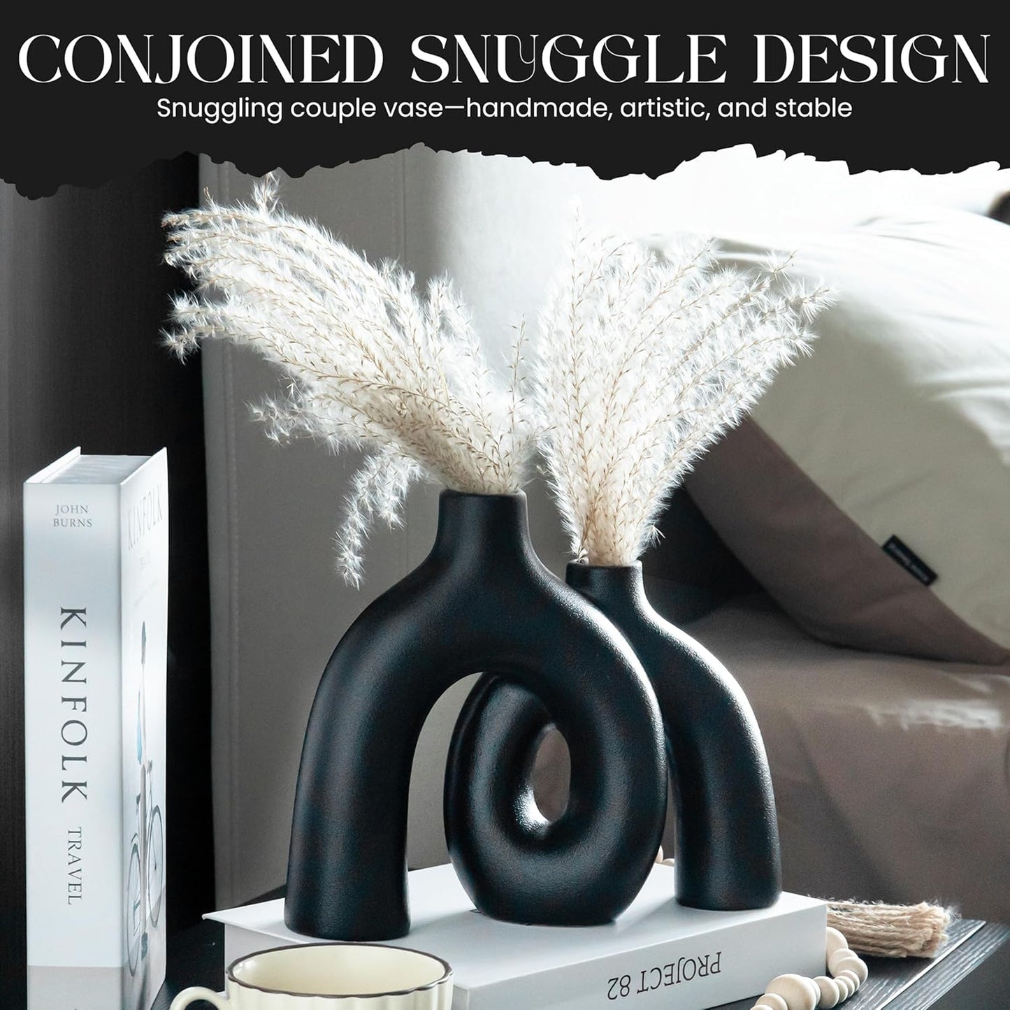 Ceramic Hug Vase (Deep Black) Modern Donut Style Hugging Vases for Flowers Minimalist Decor – Hollow Ceramic Waterproof Home Decor Vases for Living Room, Bed Room, Book Shelf, Entryway Table.