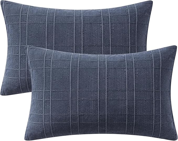MIULEE Decorative Linen Check Lumar Throw Pillow Covers Neutral Farmhouse Vintage Pillow Covers 12x20 Set of 2 Boho Modern Home Decor for Sofa Couch Bedroom Cushion Navy Blue