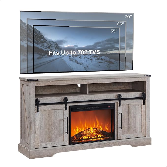 OKD Farmhouse Fireplace TV Stand for 70 Inch TV, 33" Tall Highboy Entertainment Center w/Electric Fireplace, Rustic Media Console w/Sliding Arched Door for Living Room,Light Rustic Oak