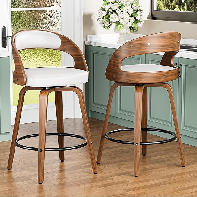 Swivel Bar Stools Set of 2, 26" Counter Height Bar Stools with Bentwood Legs and Back, Mid Century Modern Faux Leather Upholstered Bar Chairs for Kitchen Island, White