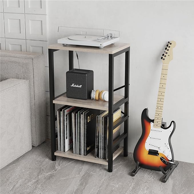 End Table with LED Light,Record Player Stand with Albums Storage,Vinyl Records Storage,Turntable Stand Side Table for Music Room Studio Living Room Bedroom-Greige