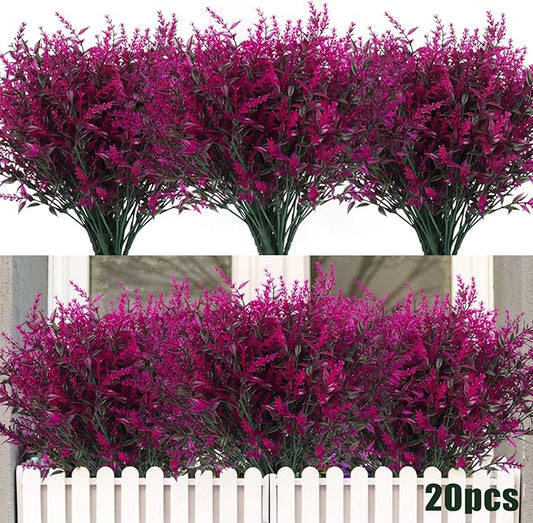 20 Bundles Artificial Flowers for Outdoor Decoration, Spring Decoration UV Resistant Faux Outdoor Plastic Greenery Shrubs Plants Artificial Fake Flowers Hanging Planter Home Garden Decor(Fuchsia)