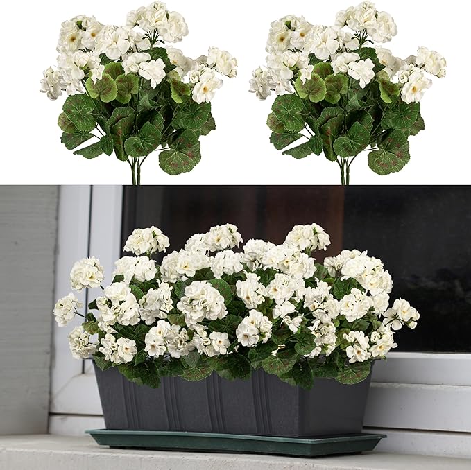 4PCS Home Decor Fake Plants Artificial Flowers Artificial Geraniums Outdoor Fake Flowers Artificial Flowers Fake Silk Bouquet, Fall Decor for Interior Porch Garden Decoration 14.4" (White)