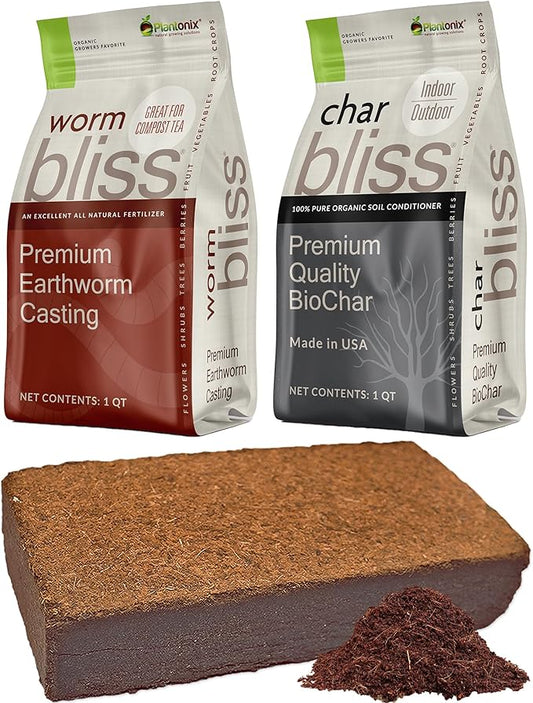 Coco Coir Brick (650gms) + Worm Bliss (1 Qt) + Char Bliss (1 Qt) - Organic Coco Coir for Plants - Worm Castings & Biochar for Plants - Soil Amendment & Organic Fertilizer Bundle - Potting Soil Mix