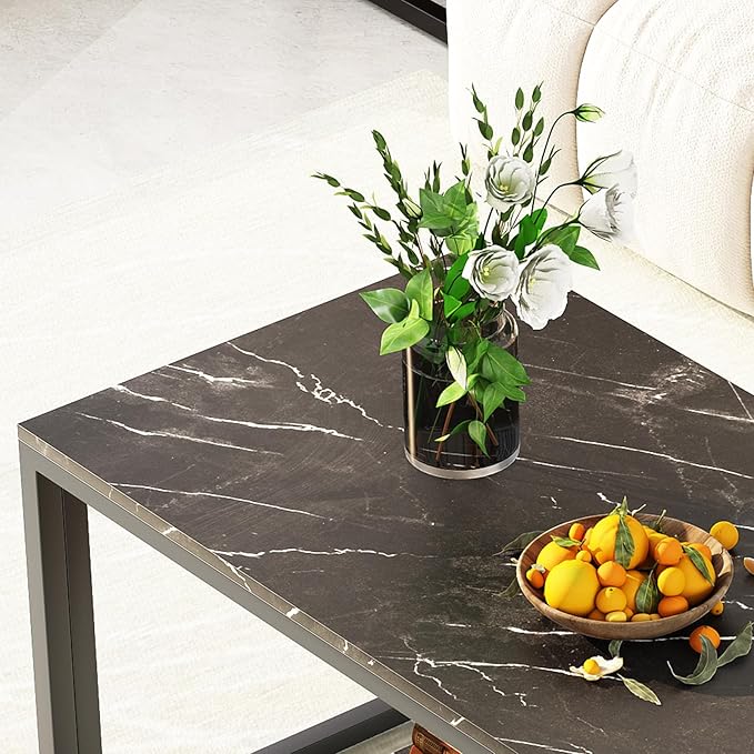 Coffee Table Black Table for Living Room,2 Tiers Rectangle Center Table with Sturdy Metal Frame,Modern Black Faux Marble Coffee Table for Bedroom Home Office
