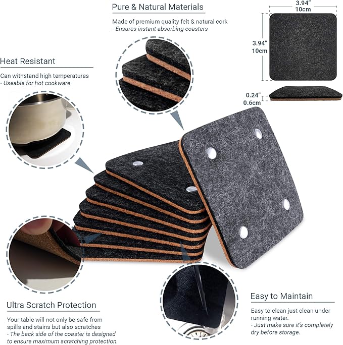 Barvivo Classic Felt Coasters for Drinks with Rivets - Set of 8 Cork Coasters with Felt Side for Tabletop Protection, Anti Slip, Absorbent, Suitable for Drinks & All Table Types - Black Design