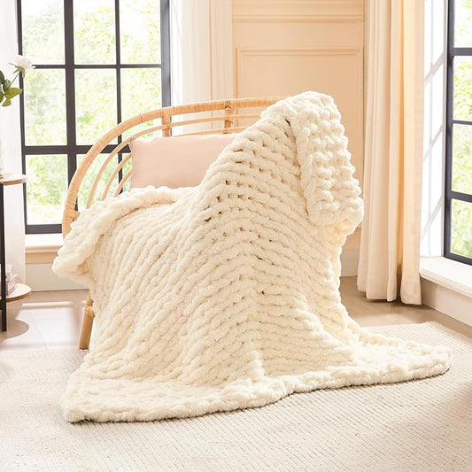 L'AGRATY Chunky Knit Blanket Throw - Soft Chenille Yarn Throw Blanket 40x50: Handmade Thick Cable Crochet Blankets - Large Blankets Chunky Yarn - Rope Knot Throw for Couch Sofa Bed Home Decor