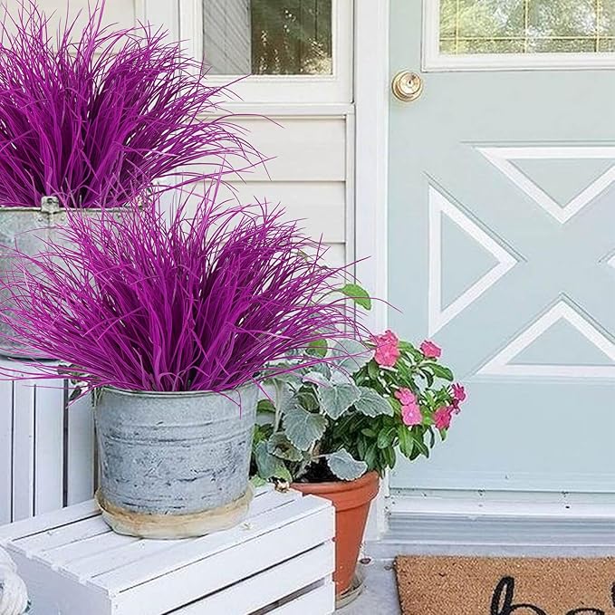 12 Bundles Artificial Fake Grass Plants Flowers Faux Plastic Wheat Grass Outdoor UV Resistant Greenery Shrubs Plant for Outdoor Planters Wedding Indoor Outside Hanging Home Garden Décor(Pure Fuchsia)