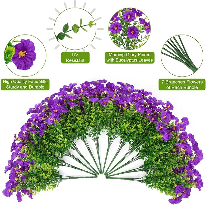Ouddy Decor 24 Bundles Artificial Flowers for Outdoors Decoration Fake Silk Morning Glory Flowers Faux Eucalyptus Plants UV Resistant for Porch Patio Garden Spring Summer Home Decor, Purple