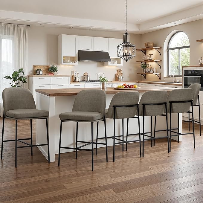 COLAMY Counter Height Bar Stools Set of 6, 25 Inch Modern Fabric Kitchen Island Stools with Back, Upholstered Counter Barstools Armless Bar Chairs with Metal Legs for Island Dining Room Bar,Brown