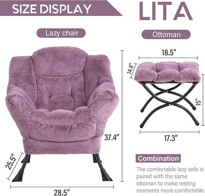 LITA Lazy Chair with Ottoman, Modern Accent Leisure Upholstered Sofa Chair, Lounge Reading Chair with Armrests and a Side Pocket for Living Room, Bedroom & Small Space
