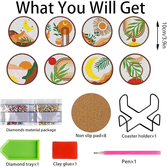 8 PCS Boho Diamond Art Coasters Kits, Diamond Painting Coasters with Holder Set of 8, DIY Drink Coasters Art Crafts Supplies for Adults Cup Mat for Home Decor House Warming Gifts Non-Slip 3.9inch