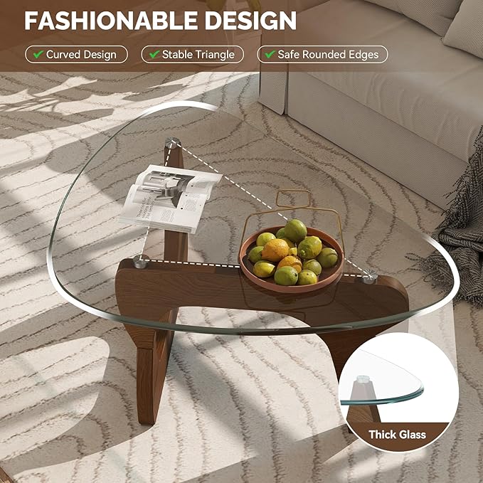Modern Glass Coffee Table, Triangle Center Table with Tempered Glass Top& Unique Wooden Base, 35.5” Mid Century Tea Tables for Living Room, Apartment, Office,Walnut &Transparent