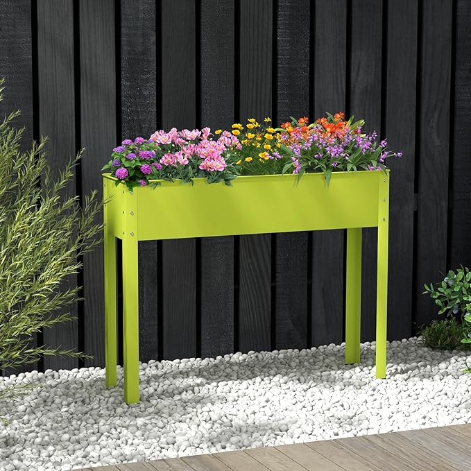 HAPPYGRILL Raised Garden Bed, 31.5” Elevated Planter Box w/Legs, Drainage Hole, Hemming Design, Metal Garden Box for Vegetable Herb, Outdoor Raised Beds for Gardening, Backyard Porch Balcony, Green