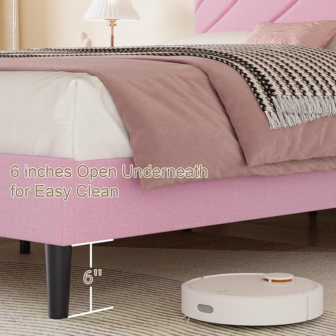 HOMBCK Full Bed Frame with Adjustable Headboard, Full Size Bed Frame with Linen Fabric Upholstered and Wooden Slats Support, No Box Spring Needed, Noise-Free, Easy Assembly, Pink