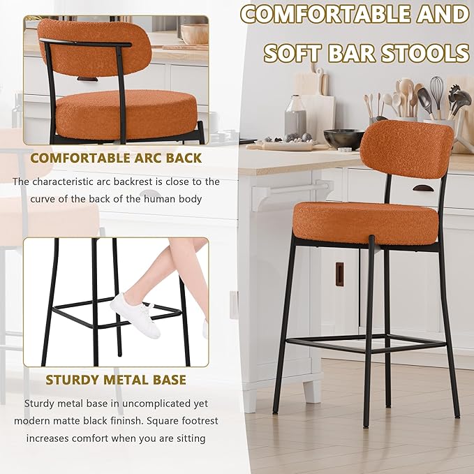 DYHOME Bar Stools Set of 2, Burnt Orange 28 Inches Counter Height Bar Stools, Modern Boucle Upholstered Barstools with Back for Kitchen Island, Bar