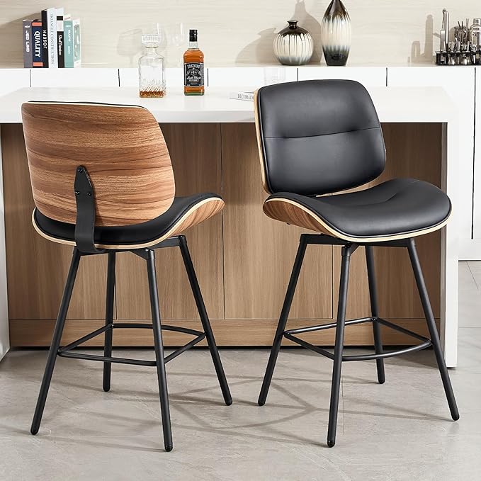 Mid Century Modern Counter Stools Set of 2, 27" Swivel Bar Stools with Metal Legs, Faux Leather Upholstered Bar Chairs with Footrest for Kitchen Island & Dining Tables, Black