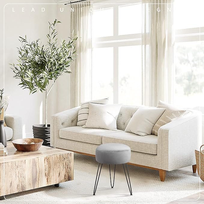 LUE BONA Vanity Stool, Gray Vanity Stools for Makeup Room, Round Ottoman Foot Stool, Velvet Footrest Vanity Chair for Bathroom Vanity, Bedroom, Living Room, Entryway, Offices