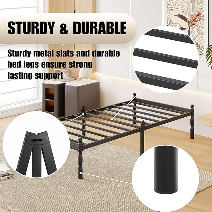14 Inch Twin Size Bed Frames with 2 Pcs Mattress Slide Stopper, Twin Platform Bed Frame Metal, Heavy Duty, Non-Slip, Easy Assembly, No Box Spring Needed