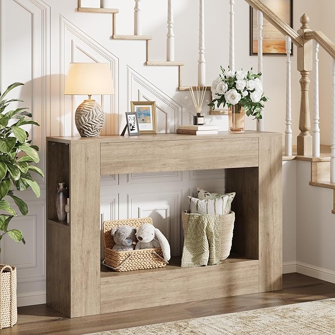Farmhouse Console Table with Drawer, 47'' Wood Entryway Table with Storage Shelves, Narrow Sofa Table Behind Couch for Living Room, Hallway, Foyer (Gray)