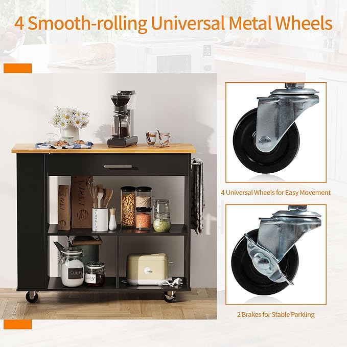 Shintenchi Kitchen Island on Wheels with Storage, Wheeled Island & Cart with 3-Tier Spice Rack, 3 Open Shelves and 1 Drawer, Black