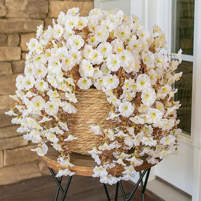 Ivydale 2 PCS Artificial Fall Hanging Flowers Fake Petunias Outdoor, Silk Faux Morning Glory Flowers with Eucalyptus Leaves,UV Resistant Realistic Mums Plants Vines for Home Garden Decor (White)