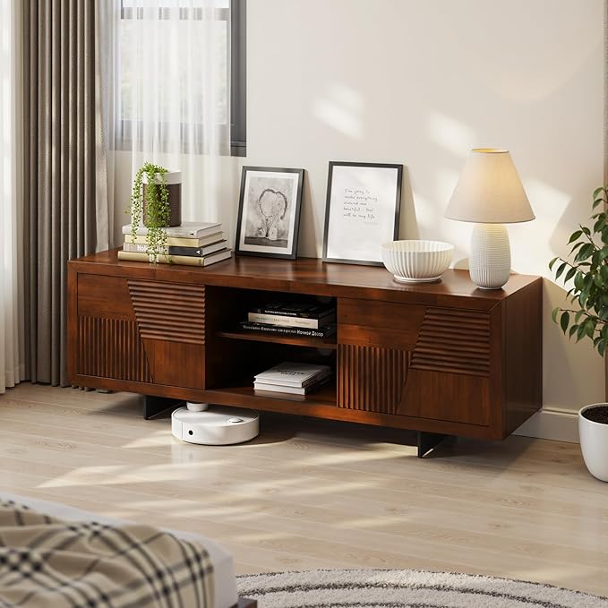 Bme Trapeze TV Stand for Living Room – Wooden Media Console with Storage, Metal Legs, Large Walnut TV Stand for Stylish Home Entertainment Setup