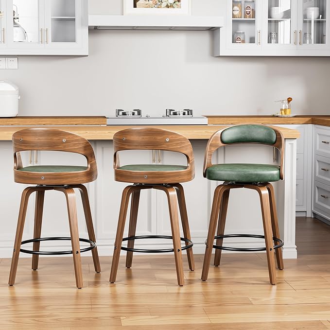 Swivel Bar Stools Set of 3, 26" Upholstered Faux Leather Barstools with Bentwood Legs, Mid Century Modern Counter Height Bar Stools with Back for Kitchen Island, Dining Room, Green