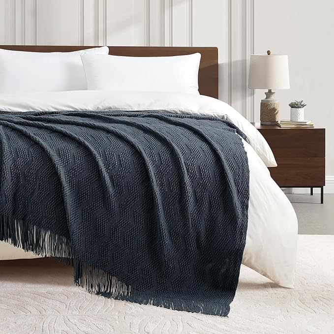 BOURINA Navy Throw Blanket 50x60 Inches Throw Textured Solid Soft Ripple Throws and Blankets for Sofa or Bed Knitted Decorative Blanket
