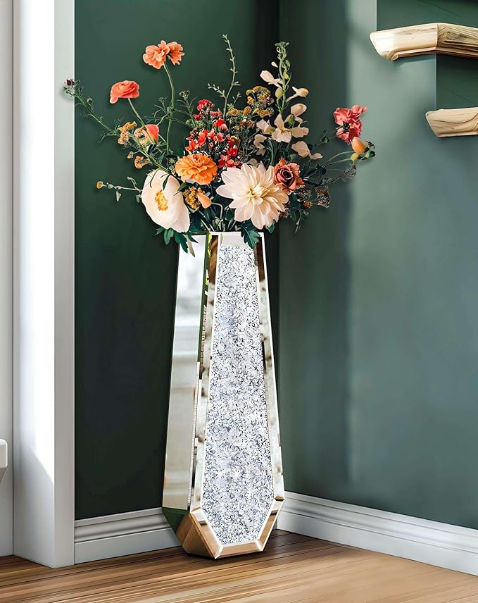 Mirrored Flower Vase Decorative: Crushed Diamond Glass Mirror Vase Large Luxury Bling Crystal Silver Hexagon Shaped Decor for Home Centerpieces, Won't Hold Water