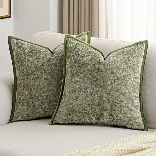FUTEI Sage Green Chenille Throw Pillow Covers 26x26 Inch Set of 2,Soft Cozy Bound Edge Design Euro Pillow Sham,Home Decor for Couch Bed Living Room