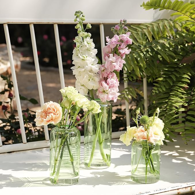 12Pcs Bud Vases Set, Glass Flower Vase for Centerpieces, Small Vases for Flowers, Decor Centerpiece for Bathroom, Decorative Vases for House Warming(Green)