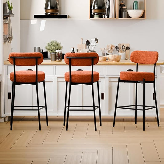 DYHOME Bar Stools Set of 3,Burnt Orange 28 Inches Counter Height Bar Stools with Back, Modern Metal Tall Upholstered Barstools for Kitchen Island, Cafe