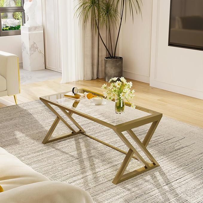 Coffee Table Gold Glass Coffee Table for Living Room,Modern Rectangular Center Table with Sturdy Metal Frame,Tempered Glass Table Tea Tables for Bedroom Home Office