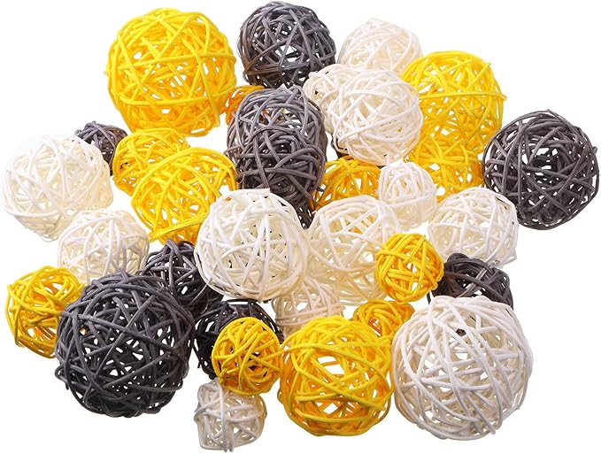 Patelai 36 Pcs Wicker Rattan Balls Decorative Balls for Vase Centerpiece Bowls Orbs Filler for Home Decor,4 Sizes(Yellow, Gray, White)