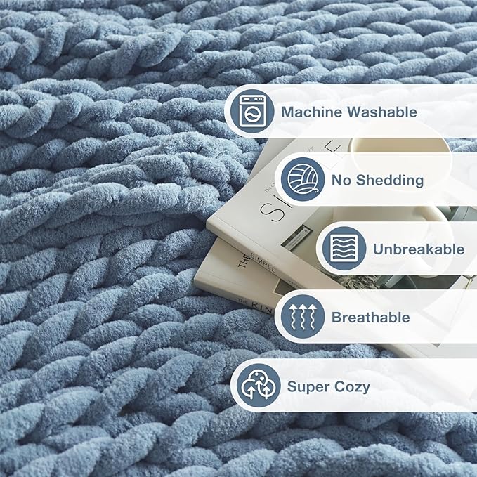 Soft Chunky Knit Blanket, 50X60 in Handmade Thick Chenille Yarn Throw Without Shedding & Raveling, Aesthetic & Cozy Home Decor with Couch Sofa Bed, Gift Pack, Airy Blue