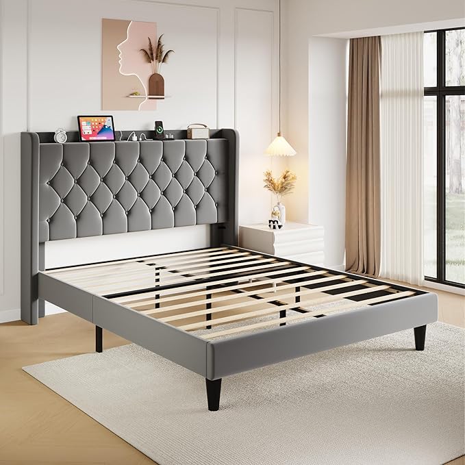 SHA CERLIN Full Size Platform Bed Frame with Charging Station, Velvet Wingback Headboard with Storage Shelf, Wooden Slats Support, Ample Under-Bed Space, No Box Spring Needed, Easy Assembly, Grey