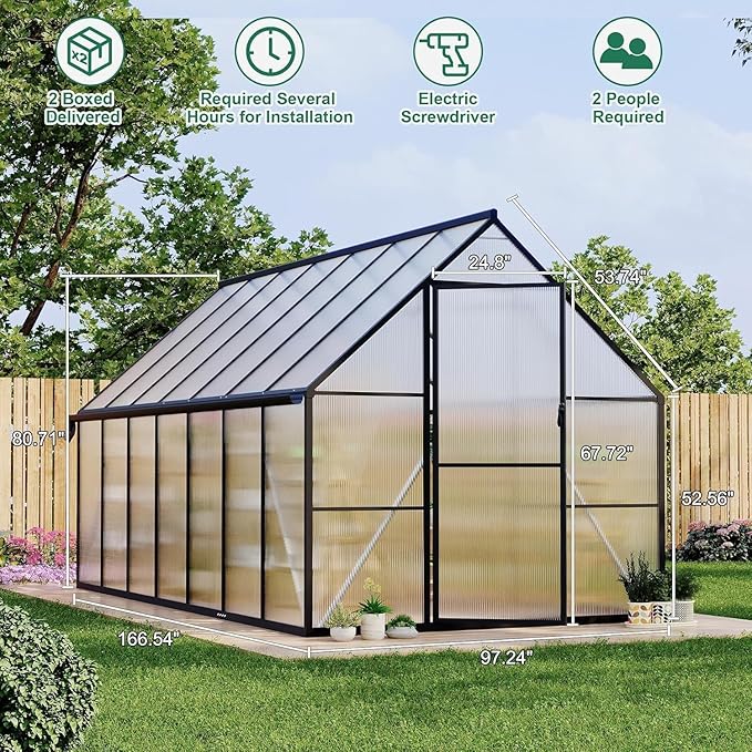 8x14 FT Outdoor Walk in Greenhouse,Polycarbonate Green House Vented Roof Window,Heavy Duty Greenhouse with Aluminum Frame for Backyard Patio Gardening