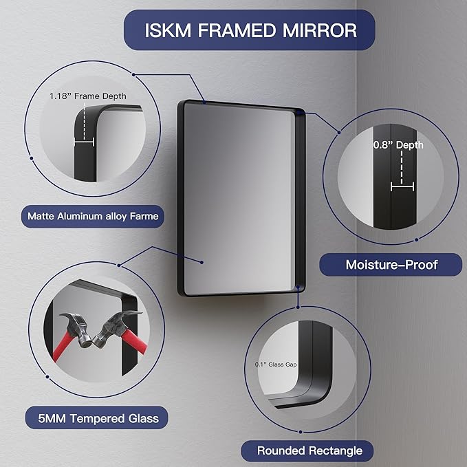 ISKM Black Metal Framed Bathroom Mirror for Wall 40" x 30" Black Bathroom Vanity Mirror, Rounded Rectangle Mirror, Anti-Rust (Horizontal/Vertical)