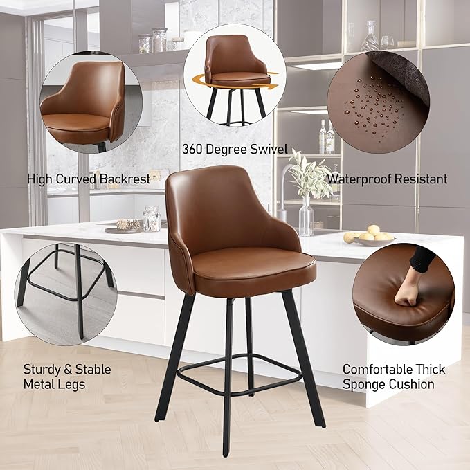 Bar Stools Set of 3, 26" Swivel Counter Height Bar Stools with High Back, Faux Leather Kitchen Barstools Counter Height for Kitchen Island (Dark Brown, 3PCS 26" Counter Stools)