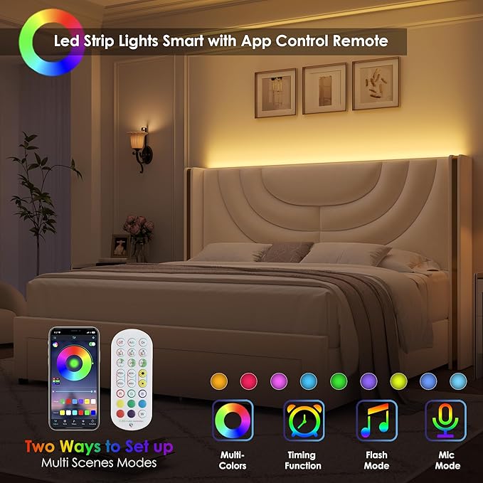 HITHOS King Upholstered LED Bed Frame with 2 Storage Drawers, Velvet Platform Bed with Wingback Headboard, Solid Wooden Slats Support, No Box Spring Needed, Headboard Splicing Design, Beige