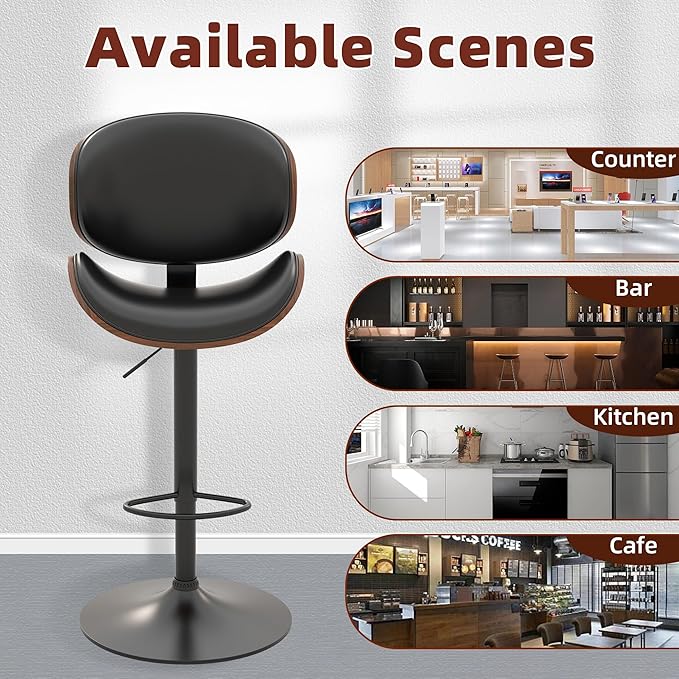 civama Bar Stools Set of 4 for Kitchen Counter, Adjustable Bar Height Chairs, Modern Swivel Barstools with Bentwood Seat and Back with Footrest for Kitchen Island, Dining Room, Black PU Leather